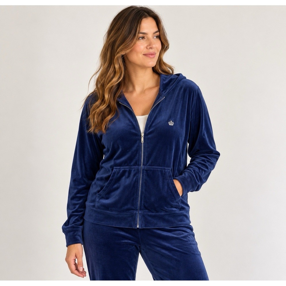 Juicy Couture Zip Up Velvet Hoodie XL Jacket Sweatshirt Navy Y2K